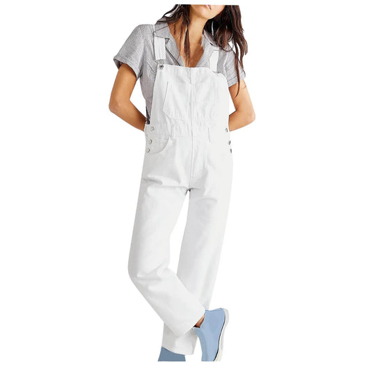 2024 Women'S Overalls Loose Fit Ladies Jeans Summer Solid Color Fashion Baggy Suspenders Button Jumpsuit Casual Sleeveless Wide Long Bib Leg Rompers with Pockets White M