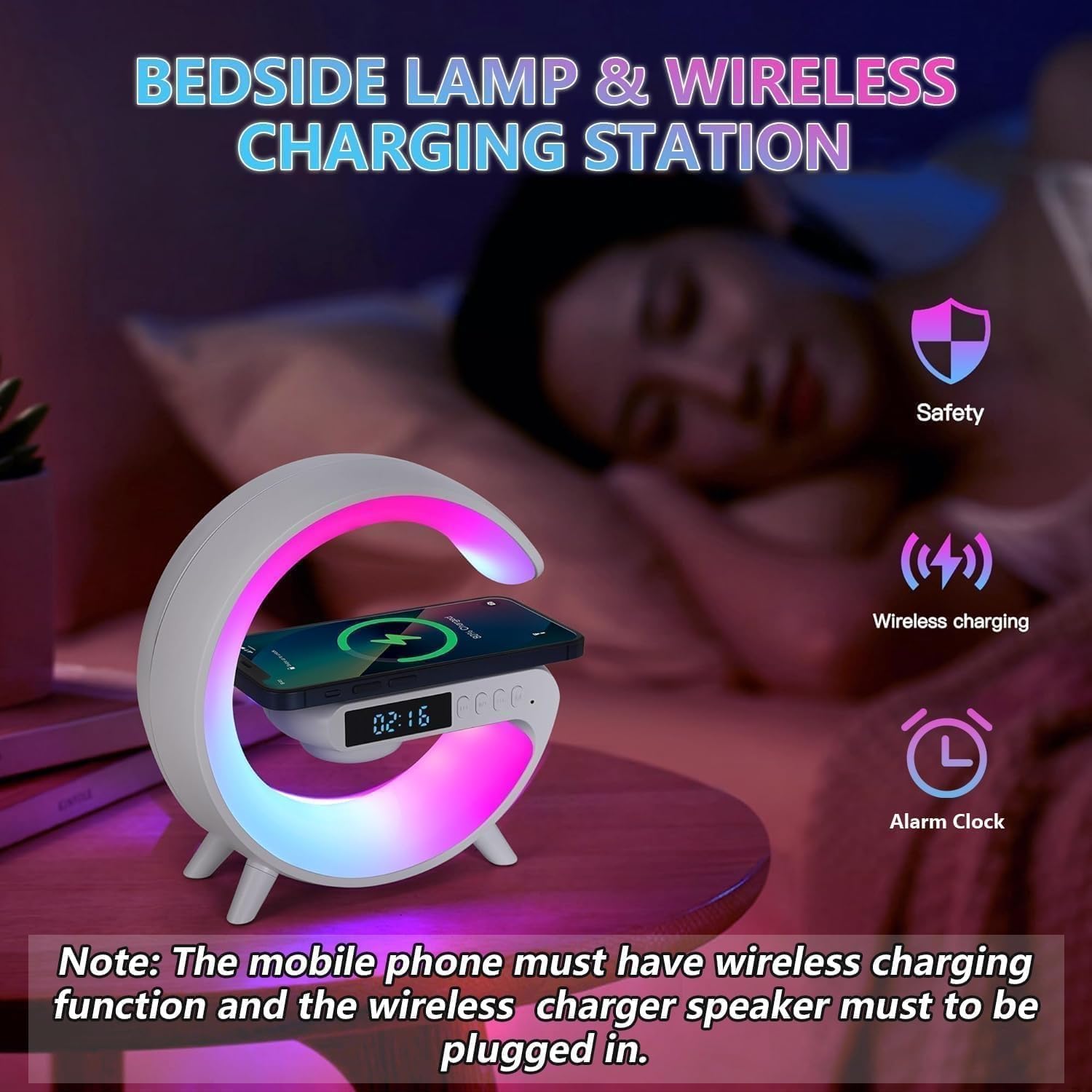 4-in-1 Smart Bedside Lamp with Alarm Clock &amp; Wireless Charging