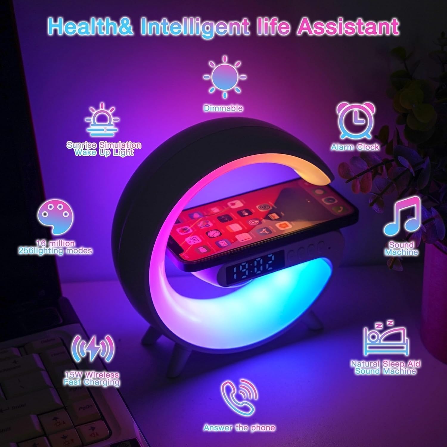 4-in-1 Smart Bedside Lamp with Alarm Clock &amp; Wireless Charging