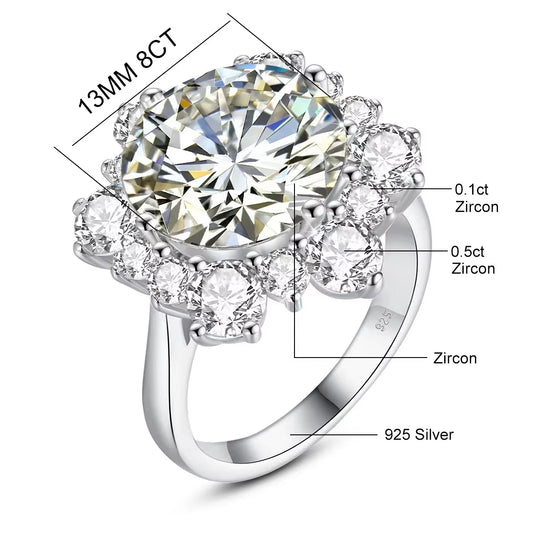 Massive round Cut 13Mm 8Ct Moissanite Ring with Certification Luxury Wedding Fine Jewelries for Women Engagement Gift Pass Test