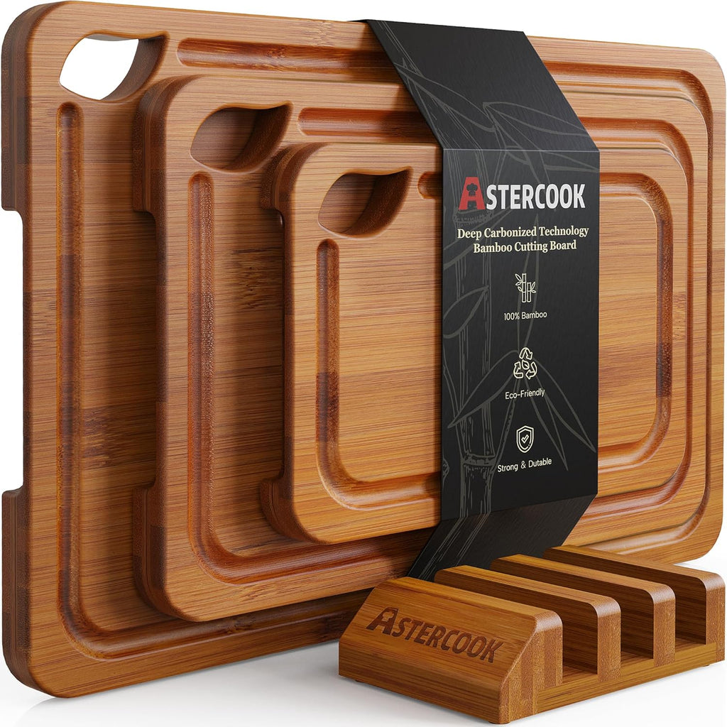 Premium Bamboo Cutting Board Set with Storage Stand